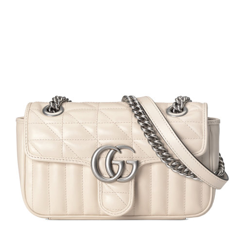 GUCCI/古驰  GG Marmont系列 女士迷你白色绗缝皮革复古银饰双G翻盖斜挎单肩链条包446744UM8AN9022