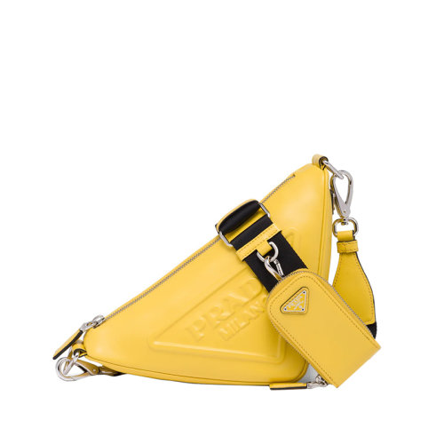 PRADA/普拉达 22年新款 女士日光黄皮革徽标拉链移动小袋可调节三角斜挎包1BH0_2BYA_F0377_V_BRO