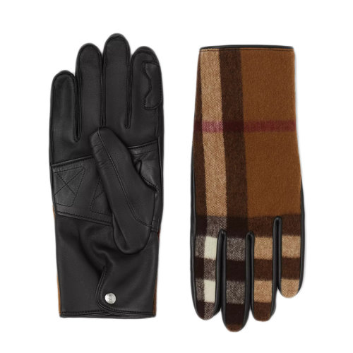 BURBERRY/博柏利 秀款 男士羊绒内衬桦木棕格纹羊毛拼羔羊皮手套80362371