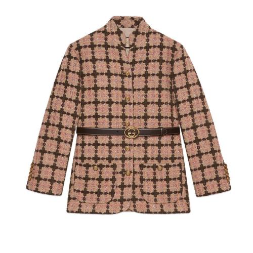  GUCCI古驰 22年秋冬 女士 饰腰带金银丝线格纹花呢夹克 664243 Z8AQ3 5307