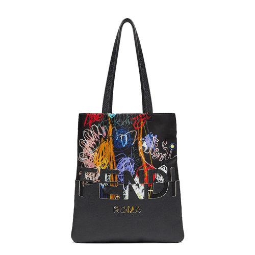 FENDI/芬迪 20  SHOPPING PLAT系列 男士彩色图案印花尼龙黑色小牛皮提手手提包7VA538AH8TF09CX