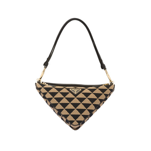PRADA/普拉达 22新款 mini女士黑色/米色三角双色拼接效果织物配皮三角几何单肩手拿包1BC176_2FPN_F0Y30_V_OOO