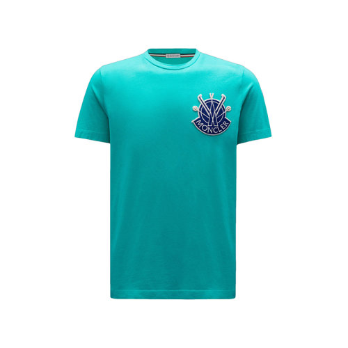 Moncler/蒙克莱 22年秋冬新款 男士蓝绿色纯棉刺绣徽标贴片短袖T恤H20918C000198390T81R