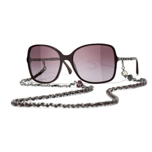 Chanel/香奈儿 22年春夏新款 女士渐变紫色镜片酒红色/深银色醋酯纤维镜框饰金属和小牛皮链条方框太阳眼镜墨镜A40911X06074S4611