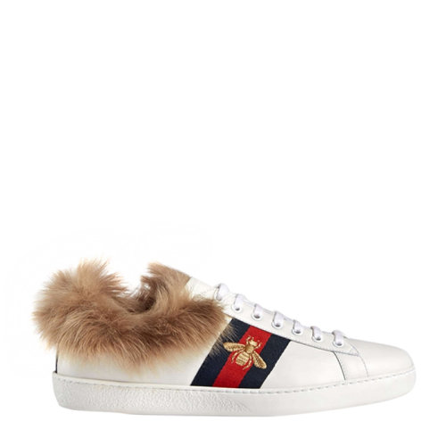 GUCCI/古驰 古琦男鞋 男士绒球小蜜蜂刺绣经典时尚白色低帮系带休闲运动鞋 496093 0F150 9096