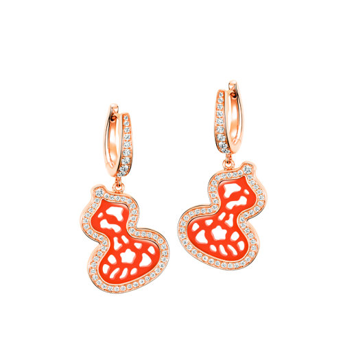 QEELIN/麒麟珠宝 WULU系列 18K金玫瑰金镶嵌钻石红玛瑙葫芦形状耳坠耳环WU-028-ERL-RGDRA