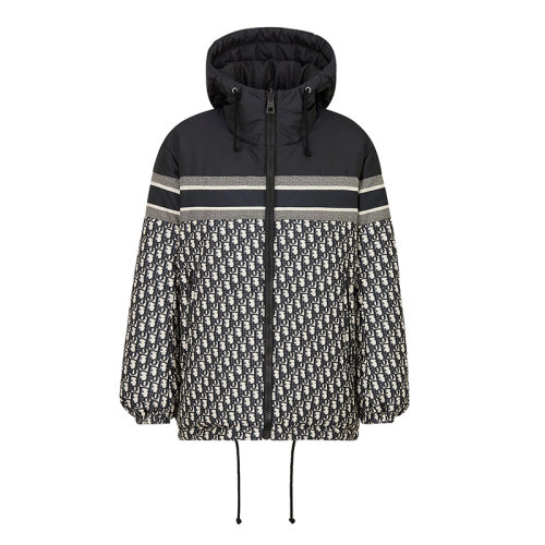 DIOR/迪奥      女士蓝色和米白色绗缝塔夫绸科技面料老花印花双面长款羽绒服147C23A2968_X5803