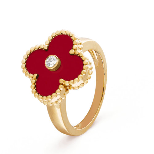 Van Cleef & Arpels/梵克雅宝 经典Vintage Alhambra系列 18K金黄金镶嵌红玉髓和钻石幸运四叶草戒指VCARD40800