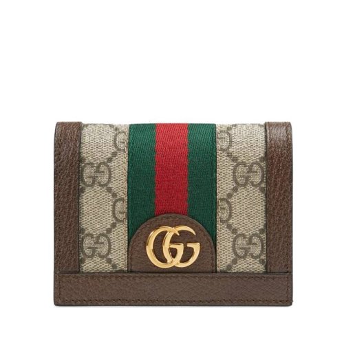 GUCCI/古驰 Ophidia女士棕色皮革拼帆布双G对折卡包 523155 96IWG 8745