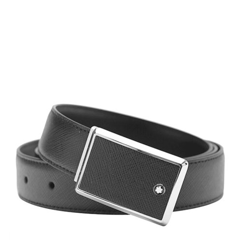 MontBlanc/万宝龙 男士矩形边框十字纹印花黑色皮革板式带扣腰带皮带 可裁剪 114421