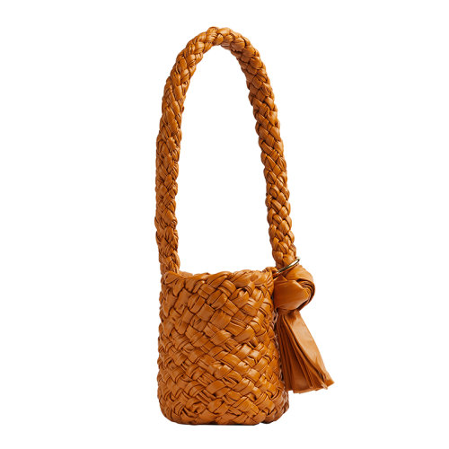 Bottega Veneta/葆蝶家 22新款 女士金棕色小牛皮Intreccio图案褶皱皮革金属环打结滑动肩带黄铜饰面单肩手提包715021V2BJ07713