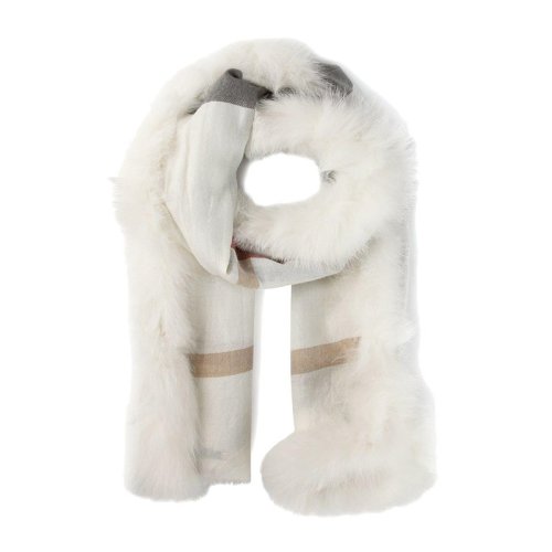 BURBERRY/博柏利 女士象牙白色羊绒混纺方格图案狐狸皮草围巾围脖 3895158