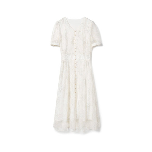 GeleiStory/GeleiStory  春夏新款法式气质显瘦V领收腰金银丝蕾丝网纱花型长连衣裙  女装＞女士裙装＞女士连衣裙