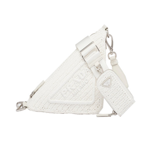 PRADA/普拉达 22新款 女士拉菲草编织白色三角型珐琅金属带徽标印花的配拆卸调节织物肩带斜挎包1BH190_2A2T_F0009_V_DRO