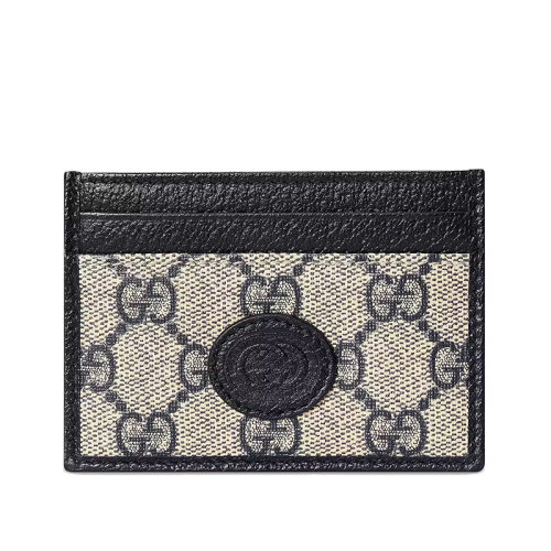 GUCCI/古驰 22春夏新款 男士米色/蓝色老花帆布椭圆双G贴标薄款卡夹 673002K9GSN4075