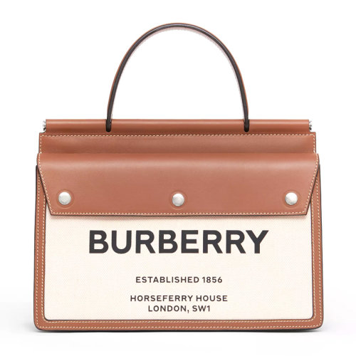 BURBERRY/博柏利 女士棕色小牛皮经典字母徽标印花铆钉开合时装秀款泰尔特手袋手提包女包 8014637