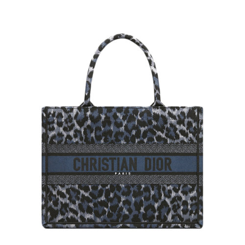 DIOR/迪奥 22春夏新款BOOK TOTE系列 女士中号蓝色黑色Mizza图案豹纹刺绣织物手提托特包M1296ZRHM_M962