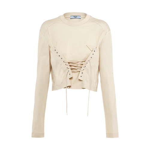 PRADA/普拉达 22年早春新款 女士沙漠米色棉质平纹针织束带上衣T恤34632C_ILK_F0F24_S_221