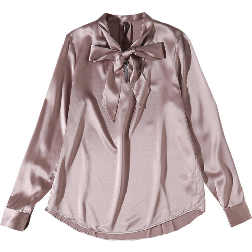 GeleiStory/GeleiStory 秋季女裝蝴蝶结系带衬衫真丝弹力缎香芋色套头衬衣气质上衣  女装＞女士衬衫＞女士长袖衬衫