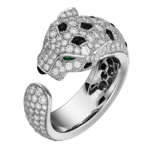 CARTIER/卡地亚 Panthère 系列 18K金白金钻石祖母绿玛瑙戒指 镶嵌2颗祖母绿和242颗明亮式切割钻石N4767800