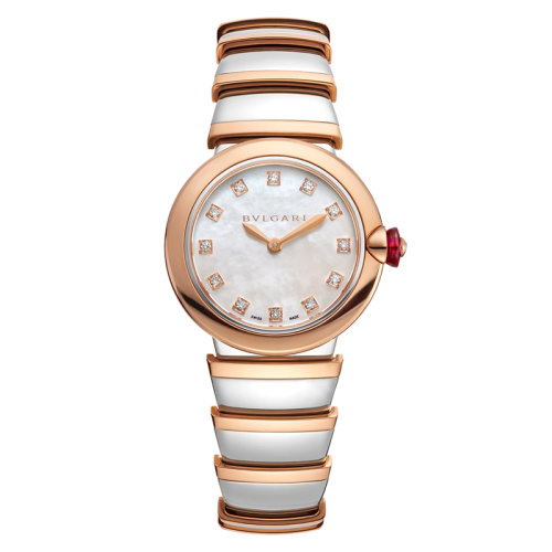 BVLGARI/宝格丽 18 K金玫瑰金和精钢表壳和表链 白色珍珠母贝表盘和镶有钻石的时标 LVCEA石英手表 28毫米102194