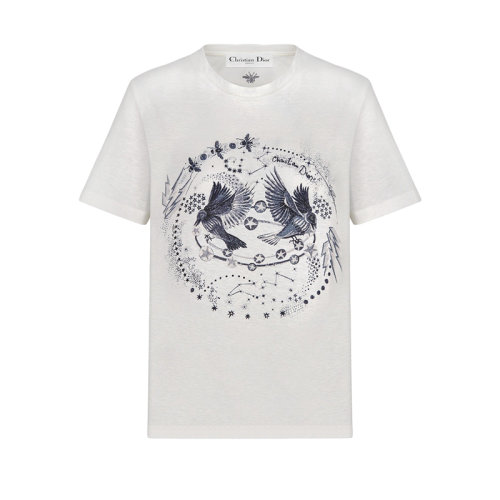 DIOR/迪奥 22年秋冬新款 女士白色棉质和亚麻混纺搭配黑色双子座图案短袖T恤243T09GE459_X0859
