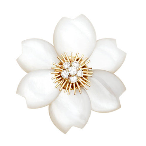 Van Cleef & Arpels/梵克雅宝 经典Rose de No?l系列 18k金玫瑰金白色珍珠母贝镶嵌钻石玫瑰中号胸针VCARA53400