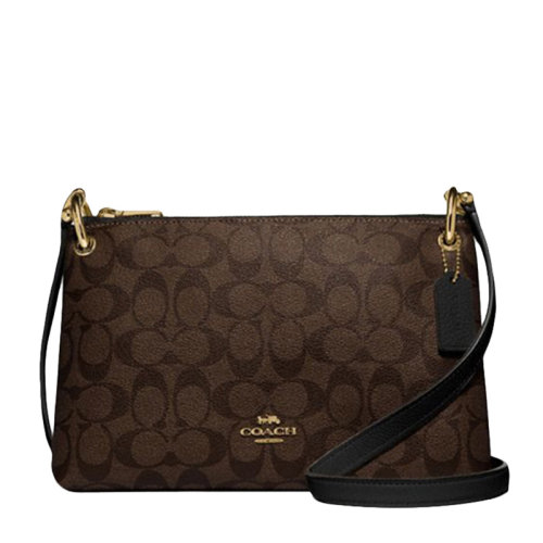 COACH/蔻驰 女士棕黑拼色涂层帆布配皮经典双C字母徽标印花装饰拉链开合单肩包斜挎包女包 F76646IMAA8