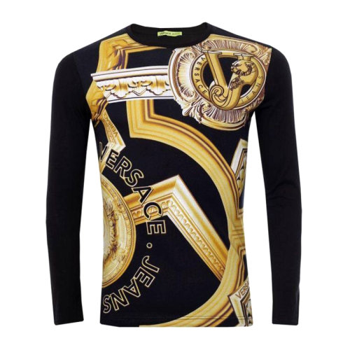 VERSACE JEANS/范思哲牛仔 男士黑色棉质经典字母徽标印花装饰圆领长袖上衣T恤 B3GNA768-36069-899