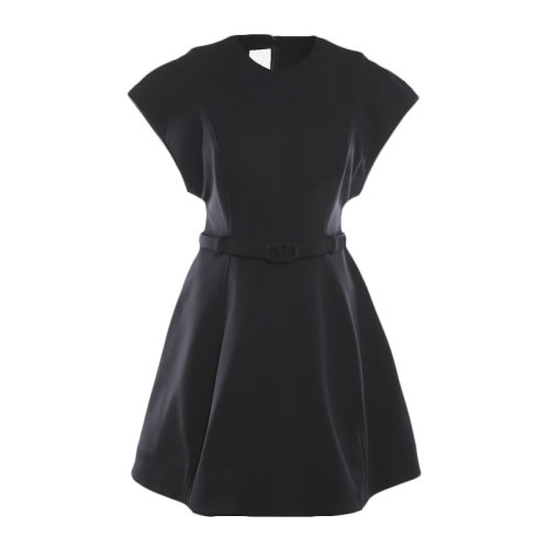 Valentino/华伦天奴 女士黑色聚酰胺V字徽标腰带背面拉链开合圆领短袖A字连衣裙女裙 WB3VAW45-6FH-0NO