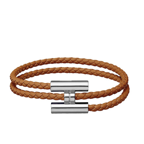 HERMES/爱马仕 经典款Tournis系列 金色小牛皮编织饰H银扣手链H068406FP37