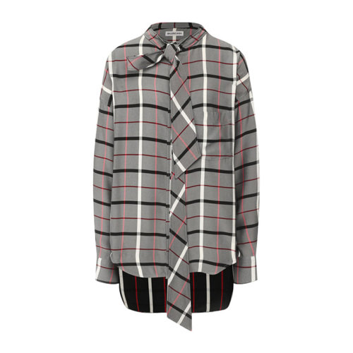 Balenciaga/巴黎世家 20春夏 女装 服饰 灰色棉质长飘带时尚格纹女士长袖衬衣衬衫