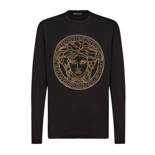 VERSACE/范思哲 男士黑色棉质经典珠钉美杜莎头像装饰圆领上衣长袖T恤衫 A77990-A201952-A008