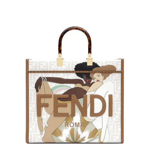 Fendi/芬迪 22年春夏新款 Sunshine系列 女士中号白色棕色系釉光布料小牛皮徽标比基尼女孩单肩手提包8BH386AJHIF1GF8