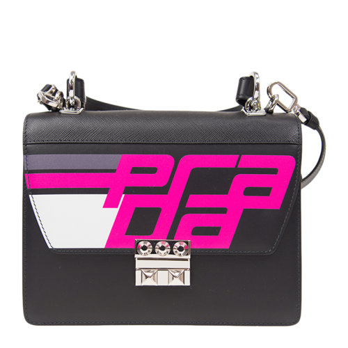 PRADA/普拉达手袋 女士黑色牛皮徽标贴饰单肩包斜挎包女包 1BA203 5OMA F0D2P