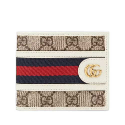 GUCCI/古驰 22春夏新款Ophidia系列 男士米色/乌木色老花帆布白色皮革滚边红蓝织带装饰金扣折叠钱包59760696IWT9794