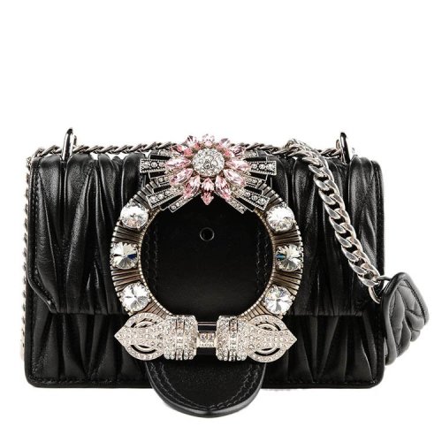 Miu Miu/缪缪 18年秋冬 链条 褶皱 女包  女性 黑色 斜挎包 5BD084N882 NERO