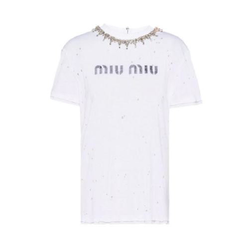  Miu Miu/缪缪 女士白色棉质短袖T恤 MJN334 1Z5B F0009 PLFSX