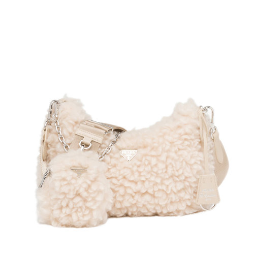 PRADA/普拉达 Re-Edition 2005系列 女士淡红色羊毛材质珐琅金属标志手提单肩包1BH204_2FLI_F0018_V_BOO