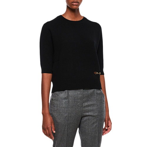 GUCCI/古驰 女士黑色羊绒马衔扣罗纹饰边圆领半袖毛衣针织衫 628389-XKBH9-1043