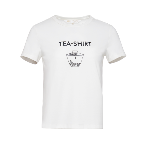 HUI/卉 女士短袖T恤20秋季新品茶白色针织衫圆领刺绣设计上衣