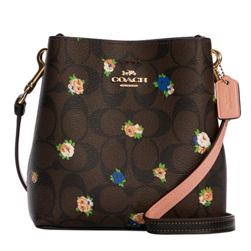 COACH/蔻驰 女士棕黑多色拼色涂层帆布配皮经典双C字母徽标玫瑰印花按扣开合复古迷你单肩包斜挎包水桶包女包 C7270IMOSN