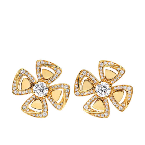 BVLGARI/宝格丽 经典FIOREVER系列 18K金黄金镶嵌钻石四瓣花耳钉357500