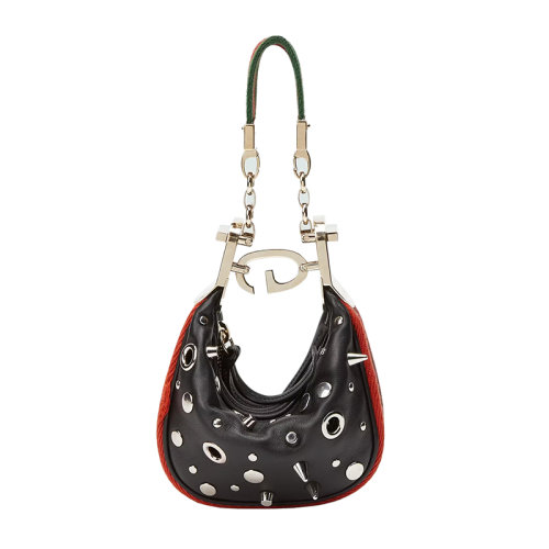 GUCCI/古驰 22新款 Attache系列 女士迷你黑色皮革铆钉镂空洞孔G型扣橙色/黑色织带饰面拆卸条纹手柄斜挎手提包718512AAA5C1072