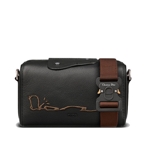 DIOR/迪奥 22新款LINGOT 22系列 CACTUS JACK联名款男士黑色粒面牛皮革刺绣标志单肩斜挎包1ADPO249SOT_H03E