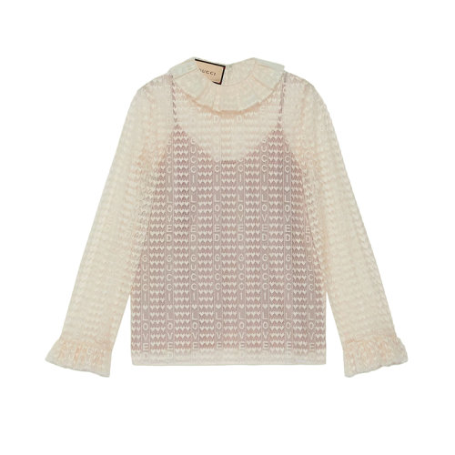 GUCCI/古驰 22年秋冬新款 Lovelight系列 女士浅米色棉质混纺蕾丝Loved字样褶裥滚边高领上衣?707677ZAJ7X9303
