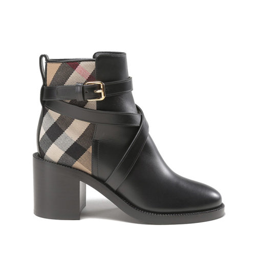 BURBERRY/博柏利【22秋冬新款】女款皮革/织物高跟靴子短靴黑色/典藏米色Vintage格纹80568181
