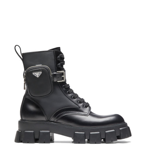 PRADA/普拉达 22年新款 Monolith系列 男士黑色亮面皮革和尼龙材质饰可拆卸小袋军旅风短靴马丁靴2UE007_3LFR_F0002_F_D002