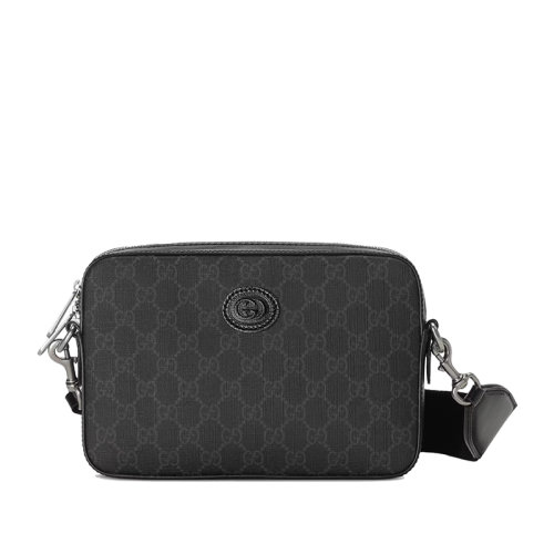 GUCCI/古驰 22春夏新款 男士黑色老花帆布同色系皮革滚边椭圆形双G装饰拉链开合单肩斜挎手拿包70346892THF1000