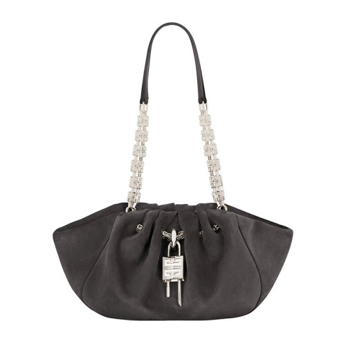Givenchy/纪梵希 22新款 Kenny系列 女式小号黑色绒面革磁性封口拆卸挂锁链条提手银色饰面金属单肩包BB50MJB1LE-098